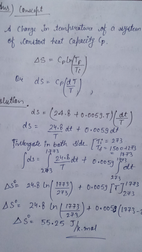 Aus) conscept es Change in temperature of a system of constant heat capacity (p. AS = Colul be ds = coldt) solution. ds = (24