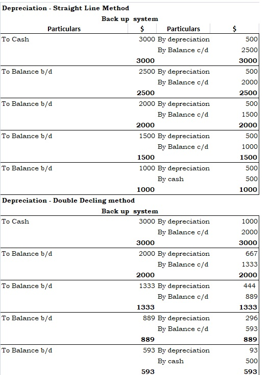500 2500 3000 500 2000 2500 500 1500 Depreciation - Straight Line Method Back up system Particulars $ Particulars To Cash 300
