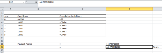 012 fx =4+2700/12000 A 2 year 30 Cash flows -46700 10000 10000 12000 12000 12000 Cumulative Cash flows =B3 =C3+B4 =C4+B5 =C5+