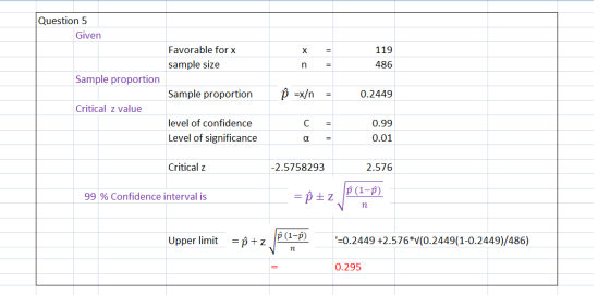 Question 5 Given Favorable for x 119 X sample size 486 Sample proportion Sample proportion 0.2449 Critical z value level of c