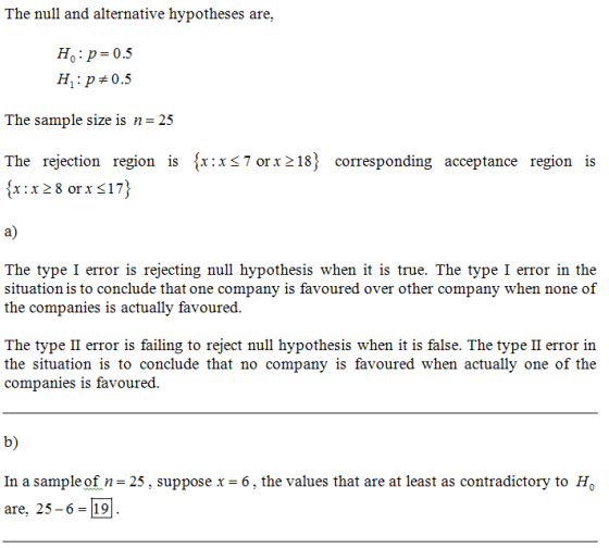 The null and alternative hypotheses are, Но: р-0.5 На р # 0.5 The sample size is n-25 The rejection region is x:xs7or x 218)