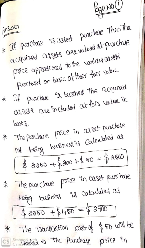 NOC Answer * If purchase 13allect porchese Then the acquíred assers are valued at pur Chase puice appoati oned to the varidug
