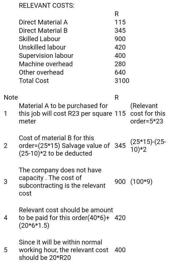 RELEVANT COSTS: Direct Material A Direct Material B Skilled Labour Unskilled labour Supervision labour Machine overhead Other