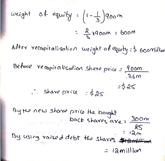 weight ot equity - 1-00m X90om 6oom AAter Yecapitalisation weight of eay 600millon Betore reapita lisafion share prile 90om 3