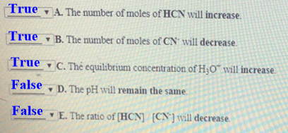 True » A. The number of moles of HCN will increase. True B. The number of moles of CN will decrease. C. The equilibrium conce