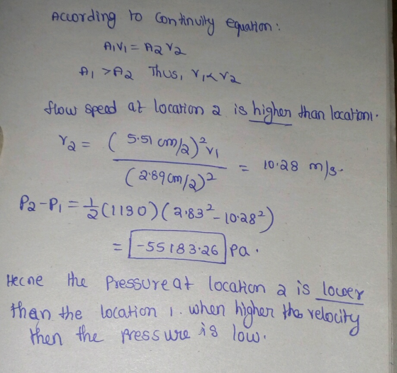 ACLOTding ho Con tnuy eaton AIVI-ARVa AIA Thus, Y,Va ftow Spead at locaton a is 551 Cmav highen than lacalton Ya= 11 10.a8 ms