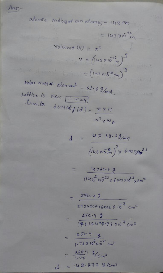 Ans- Volume (v) a3 -12 Holar mas ot element 62.63m -onmula den x62.6 2 2 3 256.4 9 29 24207 16023 X 0个Cm3 2501 2 25y 1-76