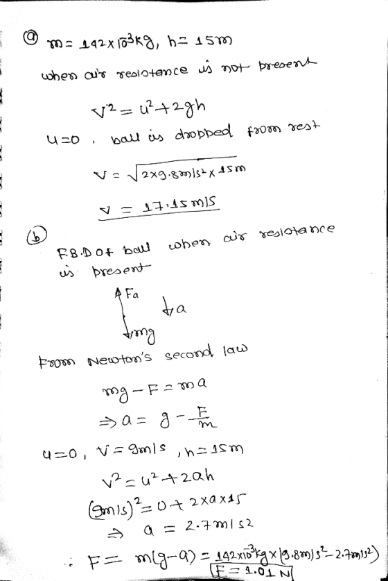 @ ma 142x103kg, b= 15m when air resistance is not present v2=u²+2gh 430, ball is coopped from rest V = V2x9.8081sx45m v = 17: