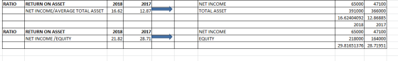 RATIO RETURN ON ASSET NET INCOME/AVERAGE TOTAL ASSET 2018 16.62 2017 12.87 NET INCOME TOTAL ASSET 65000| 47100 391000 366000