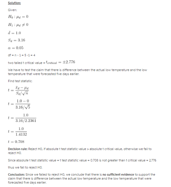 Given: Sd3.16 α 0.05 two tailed t critical value ecritical We have to test the claim that there is difference between the actual low temperature and the low temperature that were forecasted five days earlier. Find test statistic: 1.0 -0 3.16/V5 3.16/2.2361 1.4132 t0.708 Declslon rule: Reject HO, if absolute t test statistic value> absolute t critical value, otherwise we fail to reject HO. Since absolute t test statistic valuetest statistic value 0.708 is not greater than t critical value 2776 thus we fail to reject HO. Concluslon: Since we failed to reject H0, we conclude that there is no sufficlent evldence to support the claim that there is difference between the actual low temperature and the low temperature that were forecasted five days earlier.