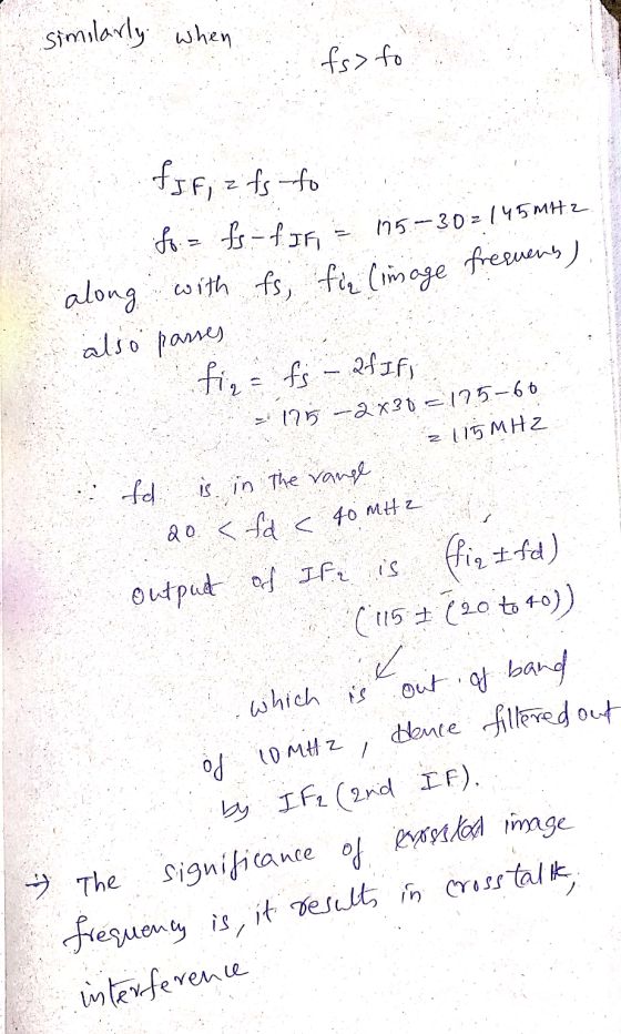 2 similarly when fs> to fff; e fs to fo.= fs - faf - 115-30 = 145 MHz along with fs, fiq (image fresuens) also passes fig = f