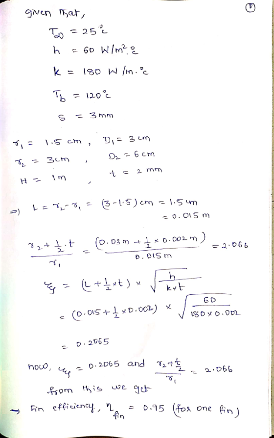 given that, To =25% h = 60 W/m? & k = 180 W/m.ec Ty = 120° s - 3mm ri = 115 cm , D, = 3cm 8 = 3cm , D2 = 6 cm H = im t = 2 mm