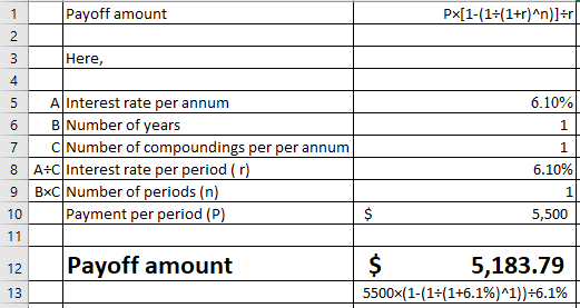 Payoff amount Here, 4 5 AInterest rate per annum 6.10% 1 1 8 A+CInterest rate per period (r) 9 BxC Number of periods (n) 1 5,