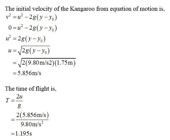 The initial velocity of the Kangaroo from equation of motion is, v2 =u? –2g(v-yo) 0=u² -2g(y- y.) u = 2g(y – yo) u= 128(y – y