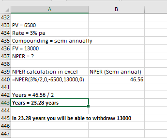 A B 432 433 PV = 6500 434 Rate = 3% pa 435 Compounding = semi annually 436 FV = 13000 437 NPER = ? 438 439 NPER calculation i