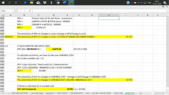 12 e 59W v 1* 03:05 : ENG 24-02-202024 H624 - X V fix Formula Bar F G H 624 625 E Present value of all cash flows - investm