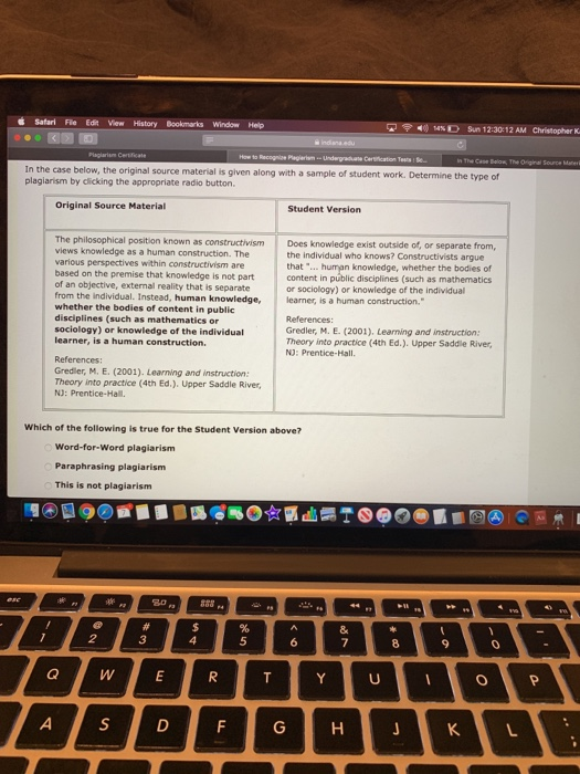 Safari Fle Edit View History Bookmarks Window Help 14%DSun 12:30:12 AM Christopher K iedana edu Plagiarism Certifcete How to