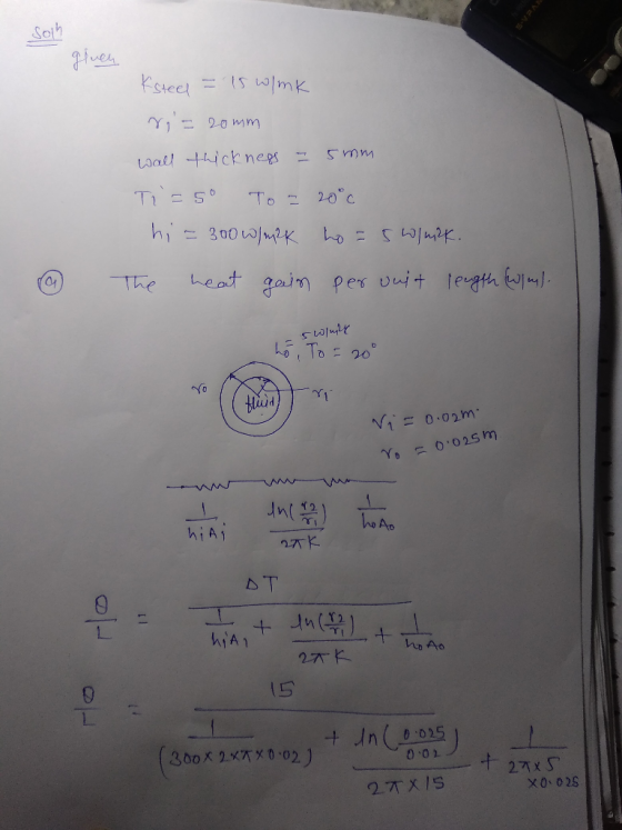 Soch gruen Ksteel = 15 w/mk ria 20mm Wall thickness - 5mm Ti=50 Ton 20°c hiz 300w/m2K ho=5w/milk. The heat gain per vuit leng