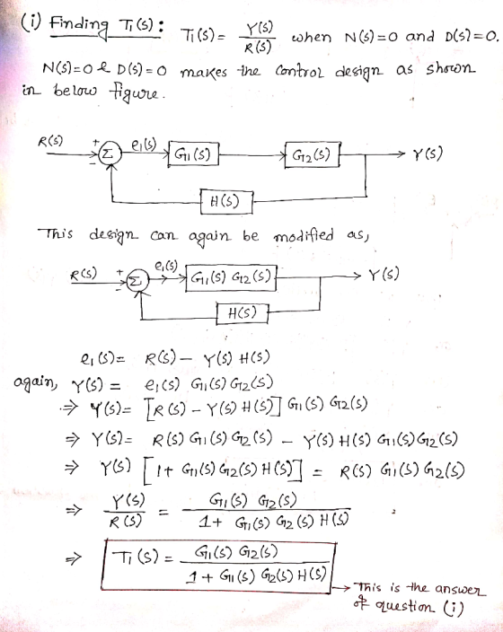 R (S) (i) finding Ti(): Ti(s)= y(s) when N(5)=0 and DCs?=0. N(5)=0 € D (5) = O makes the control design as shown in below tig