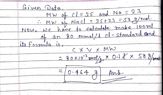 Given Data, Mw of cl=85 and Na = 23 mw of Nach - 35+23 = 58 g/mol. . Now, we have to talculate make loome of an 80 nmol/ I cl