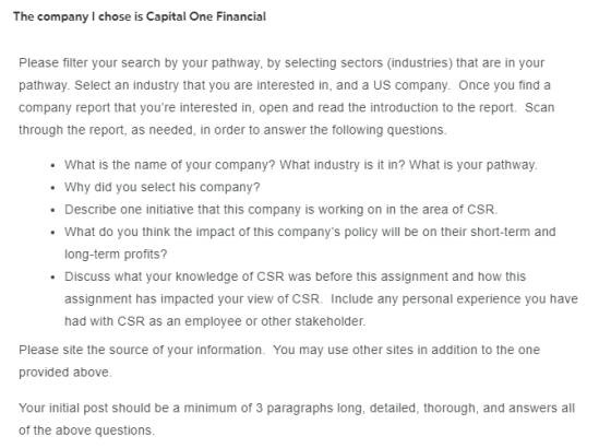 The company I chose is Capital One Financial Please filter your search by your pathway, by selecting sectors (industries) tha