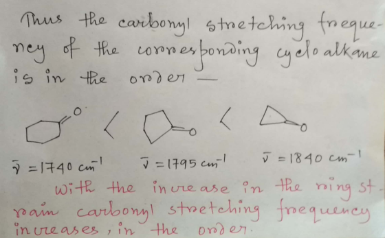 Thus the carbonyl Stretching freque- ney of the corresponding cyclo alkane is in the order – 7 = 1740 cin J = 1795 cent j =