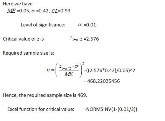 Here we have ME 0.05, o 0.42, CL-0.99 Level of significance: a 0.01 Z1-a/2 2.576 Critical value of z is Required sample size