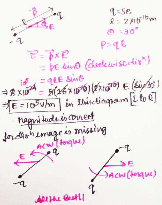2-5e oq lo 2 Z=BX To &= 2x10lom -30° p=qe = Þe sino (clockwise dign) qLE sino +8x1024 $(26X1646) [8x1070) E (Sierbo) E = 105v