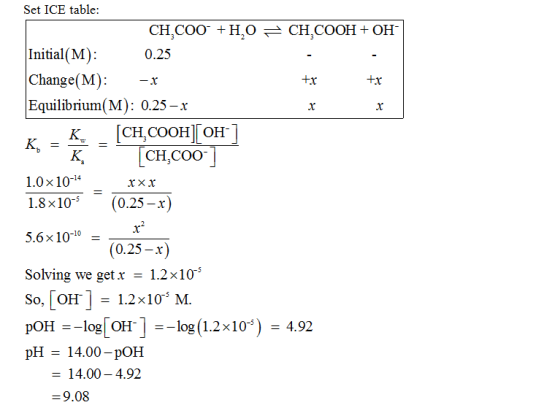 Set ICE table CH.COO. +H.O 근 CH.COOH+ OH 0.25 Initial(M) Change(M):-r Equilibrium(M): 0.25-r K-K,ー[CH.COOHLOH.1 +x +x K, CH C