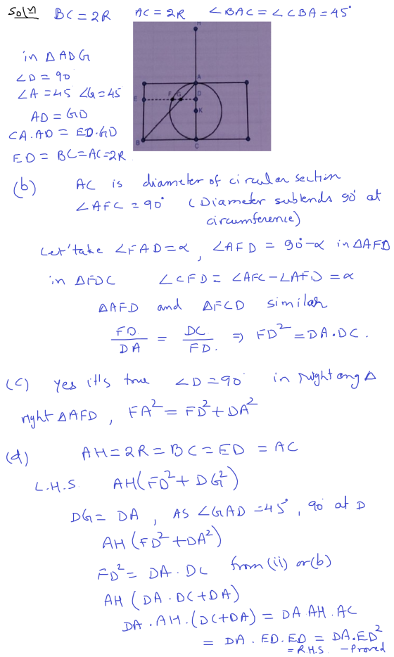 sol Ž BC=2R AC = 2R LBACELCBA-45 OK in A ADG CD=90 LA=45 <6=45 AD=GO CA.AD= ED.GD ED=BC=AC-2R (6) AC diameter of circular sec