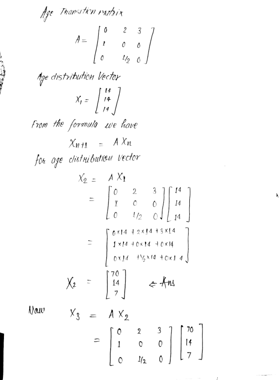 Age Transition matrix o 2 3 1 0 112 0 Age distribution Vector 14 X, = 6 14 from the formula we have Xm + A Xn for age clistri