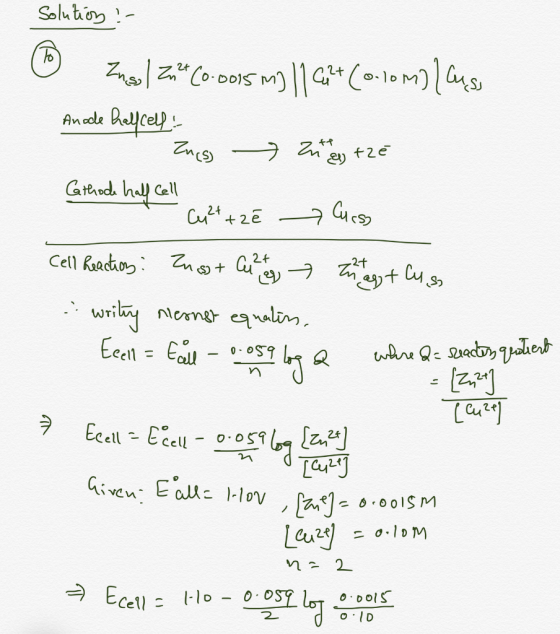 solution :- ☺ Ins23 (0-DOIS M) 11 42* (0.10 M) / Guide Anode half cell: Zug zu thé Cathode half cell cutt z ê Cuess Cell Rea