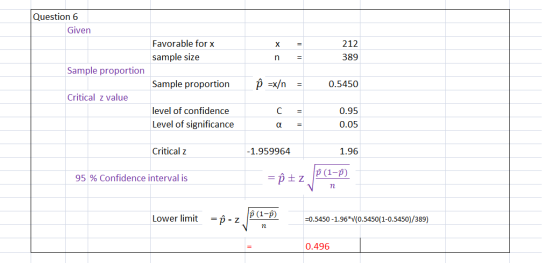 Question 6 Given Favorable for x 212 х = sample size 389 = Sample proportion Sample proportion 0.5450 Critical z value level