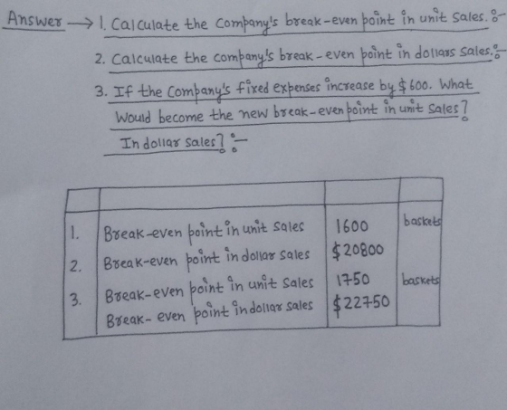 Answer →1. calculate the companys break-even point in unit Sales. - 2. Calculate the combanys break-even boint in dollars s