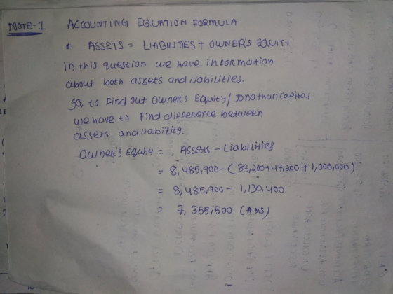 Note-1 ACCOUNTING EQUATION FORMULA # ASSETS - LIABILITES + OWNERS EQUITY In this question we have information arbout both as