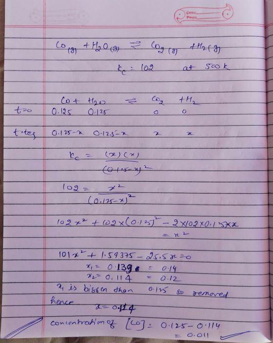 Corgy + H₂O g 2 log on the fg - ke 102 at sook & e -Cot 0.125 tho 0.125 Co 0 th 0 to tztes 0.125-4 0-125 x x x al Kc = (B) (x