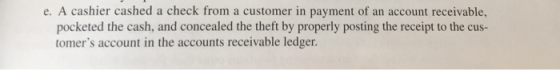 e. A cashier cashed a check from a customer in payment of an account receivable, pocketed the cash, and concealed the theft b