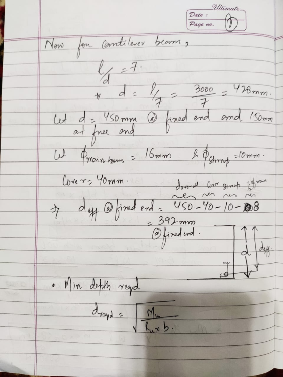 Ultimate Date : Page no. o Now for contilever beam -7. 40mm. A et Proin hans = d da 3000 7 7 let de 450 mm @ fined end and 15