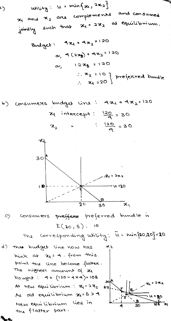 utility: uomin&a, 282}. x and az are complements and consumed jointly such that 4 = 222 at equilibrium. Budget: 124 + 4x2=120