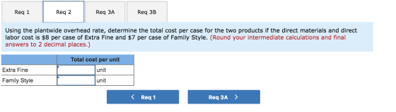 Req 1 Req 2 Req ЗА Req 3B Using the plantwide overhead rate, determine the total cost per case for the two products if the di