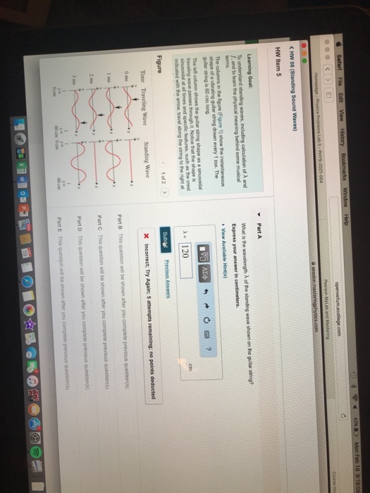 HW Item 5 what is the wavelength λ ofthe standing wave shown on the guitar string? Express your answer in centimeters guitar string is 60 em long The lelt column shows the guitar string shape as a sinusoidal 1of2