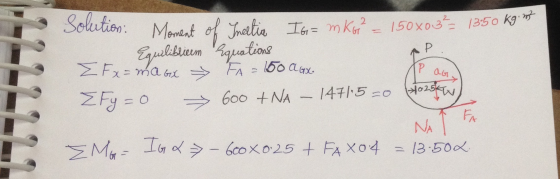 р olution: Moment of Ineelia IG= m KG² - 150x03² = 1350 kg. nr - Equilibrium Equations E Fx=maGX FA = 150 aGx ZFy=0 600 + NA