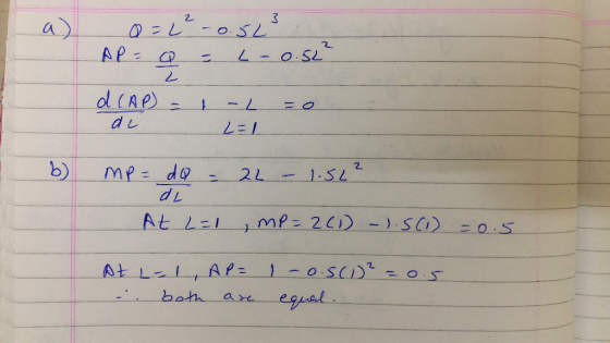Q = 2²-0523 AP= Q = -0.52² d (AP) = 1 -2 = 0 du L= 2 = 1 mp= do - 22 - 1.52² dL - At L=1 , MP=2(1) - 1.5(1) = 0.5 At L-1, AP=