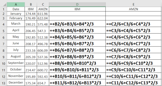 AMZN m + i ... A B C 1 Date IBM AMZN IBM 2 January 174.44 611.96 3 February 176.49 622.04 March 190.21 575.48 =+B2/6+B3/6+B4*