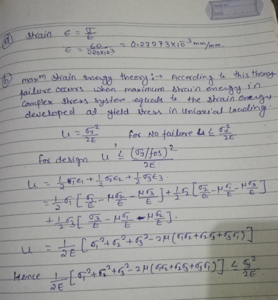 PAGE NO a shrain C = I 60 0.27273x103 mm/mm 220X103 26. to max strain energy theory: According to this theory silure occurs w