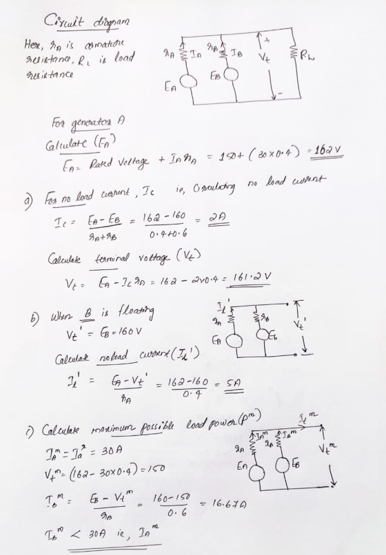 Circuit diagnam? t 910 9A IA IB Here, he is amatiche resistance, Ry is load resistance & RW > FB EA For generatoa A Calculate
