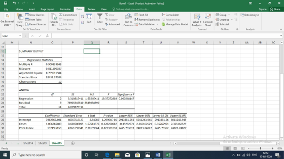 Book 1 - Excel (Product Activation Failed) File Data Share Home Insert Page Layout Formulas 2 Show Queries From Table New Que