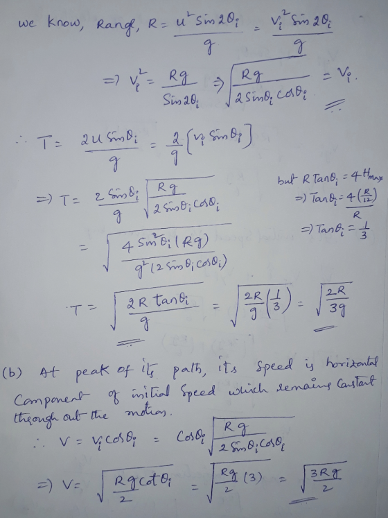 we know, range, R = u Sin 20; - Sus 20; 9 g = v = Rg Rg = Ve. Sin 20. 2 Sino costi T= 2u sunde = a (ne sander) but R Tano: =