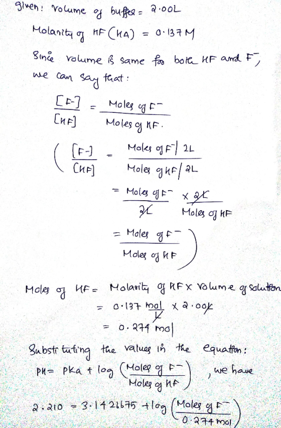 ven: Volume buffe 00L HF (HA) 0-137M Molanity Sine voume Same f boit HF and F we can Sad feat C3 CHF Moleg e Moles MF Moles o