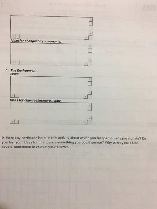 Ideas for changes/improvements: 5. The Environment Issue Ideas for changes/improvements Is there any particular issue in this activity about which you feel particularly passionate? Do you feel your ideas for change are something you could pursue? Why or why not? Use several sentences to explain your answer.